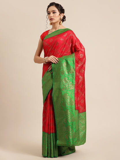Faishana Presents Handwoven Red Dupion Silk Jaal Skirt Border With Green Blouse Banarasi Saree