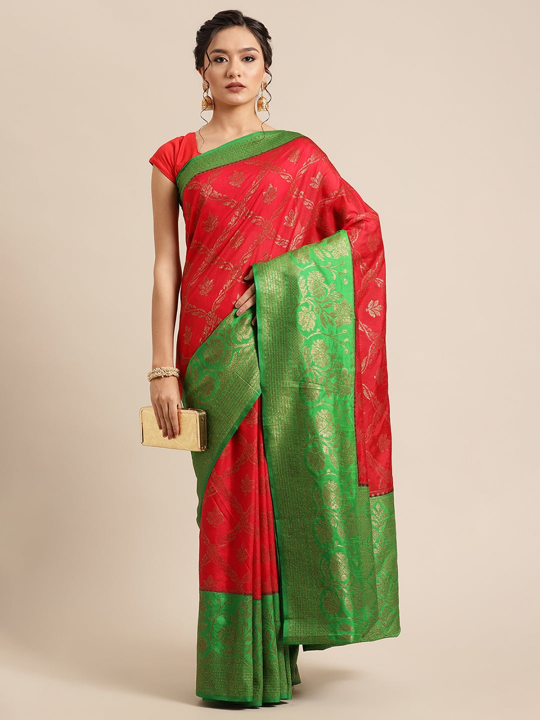 Faishana Presents Handwoven Red Dupion Silk Jaal Skirt Border With Green Blouse Banarasi Saree
