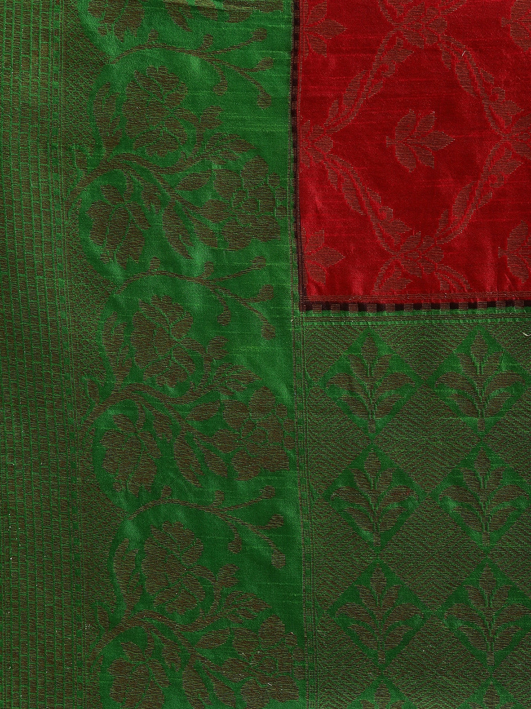 Faishana Presents Handwoven Red Dupion Silk Jaal Skirt Border With Green Blouse Banarasi Saree