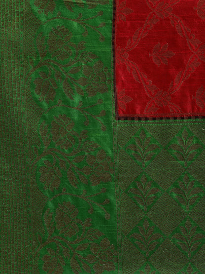 Faishana Presents Handwoven Red Dupion Silk Jaal Skirt Border With Green Blouse Banarasi Saree