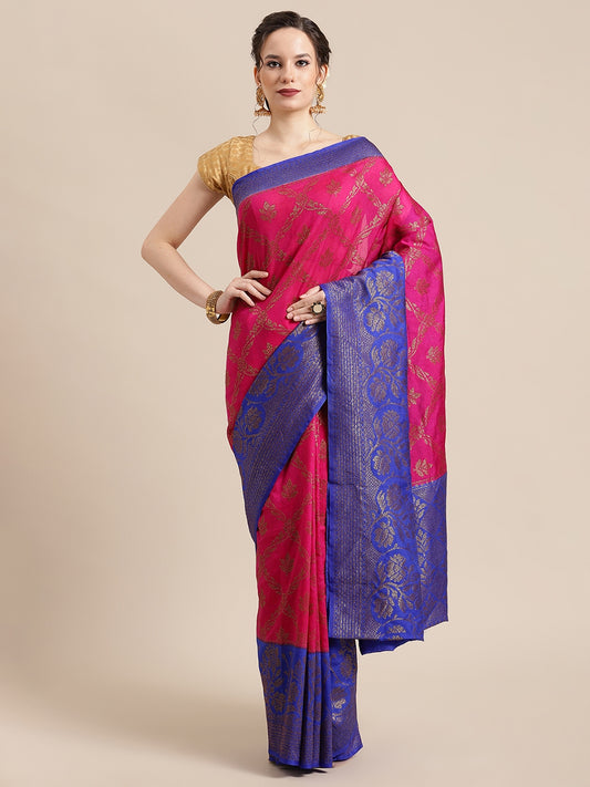 Faishana Presents Handwoven Magenta Dupion Silk Jaal Skirt Border With Blue Blouse Banarasi Saree