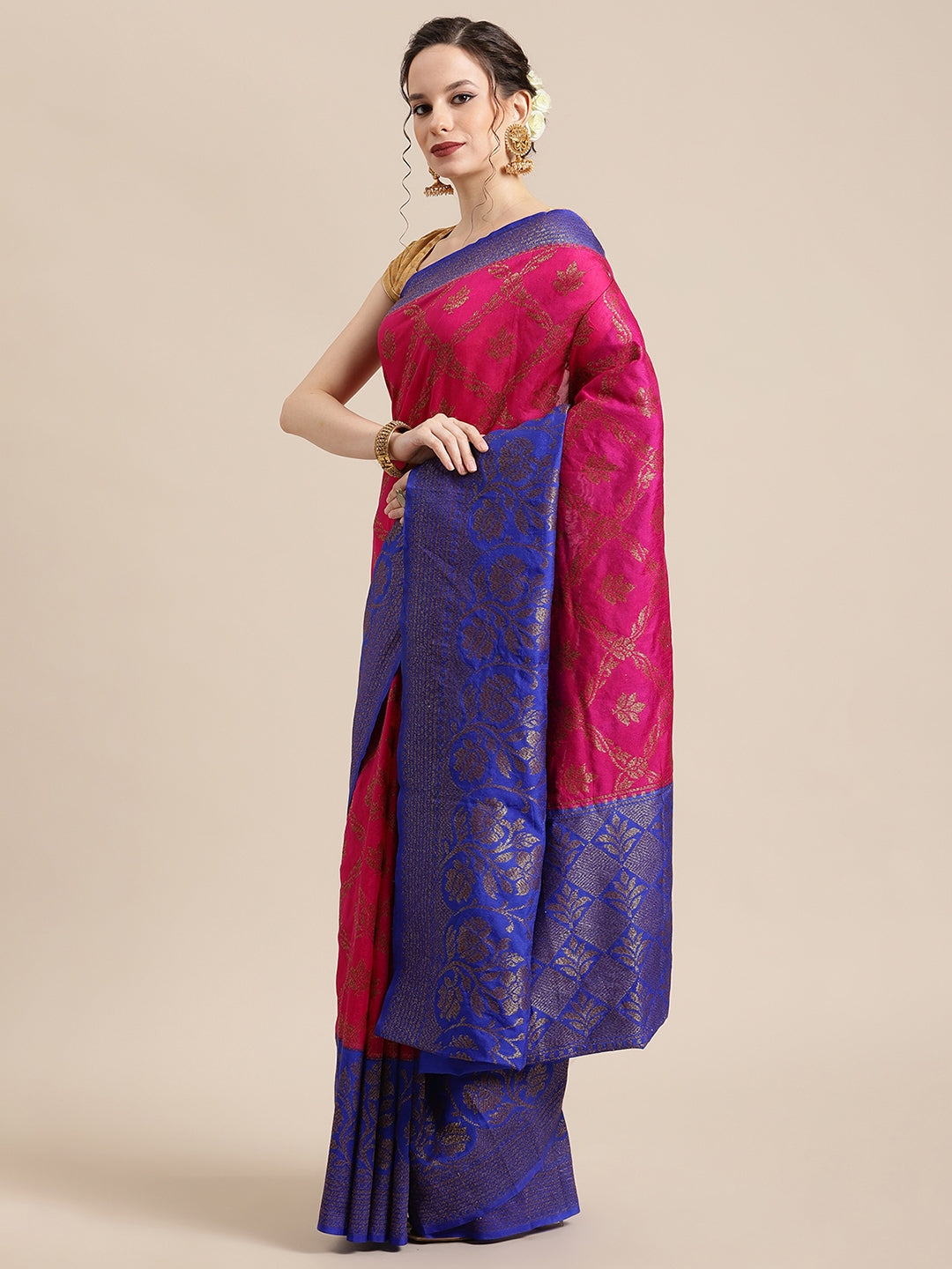 Faishana Presents Handwoven Magenta Dupion Silk Jaal Skirt Border With Blue Blouse Banarasi Saree