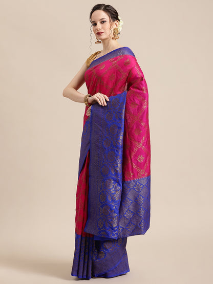 Faishana Presents Handwoven Magenta Dupion Silk Jaal Skirt Border With Blue Blouse Banarasi Saree