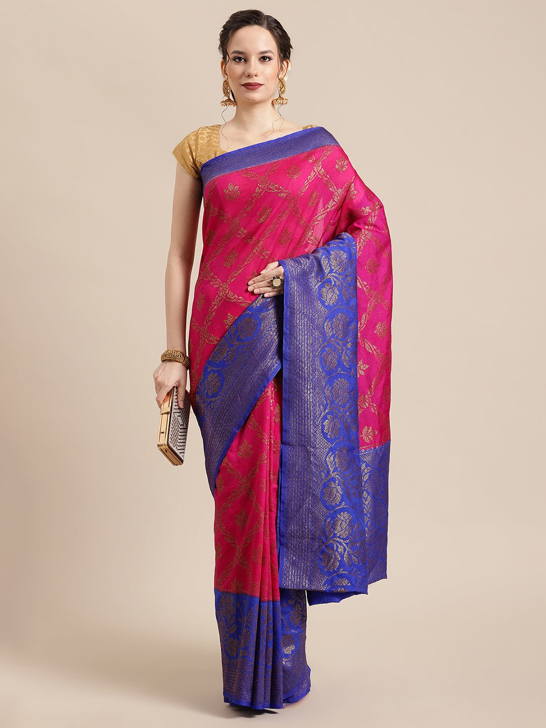 Faishana Presents Handwoven Magenta Dupion Silk Jaal Skirt Border With Blue Blouse Banarasi Saree