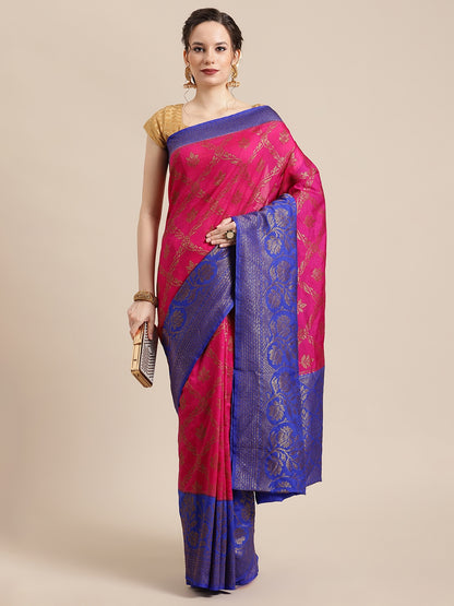 Faishana Presents Handwoven Magenta Dupion Silk Jaal Skirt Border With Blue Blouse Banarasi Saree