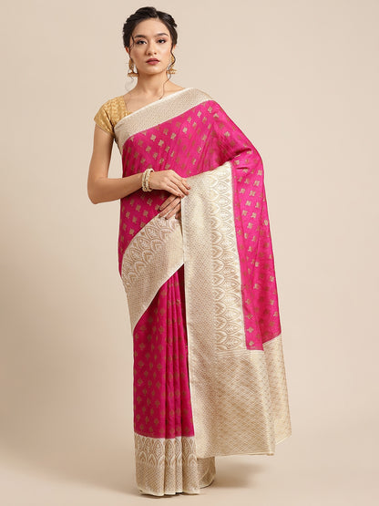 Faishana Presents Handwoven Magenta Dupion Silk Jaal Skirt Border With Beige Blouse Banarasi Saree