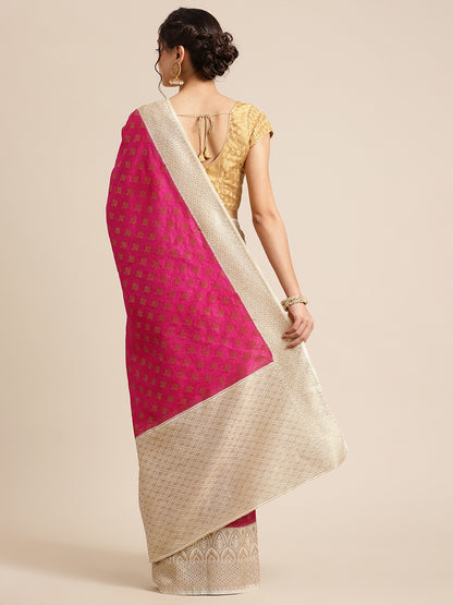 Faishana Presents Handwoven Magenta Dupion Silk Jaal Skirt Border With Beige Blouse Banarasi Saree