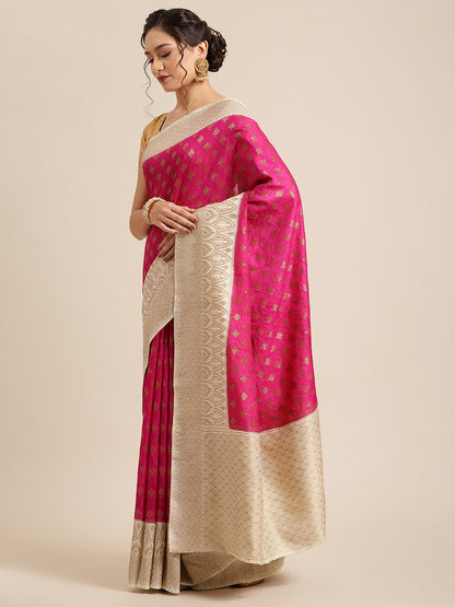 Faishana Presents Handwoven Magenta Dupion Silk Jaal Skirt Border With Beige Blouse Banarasi Saree