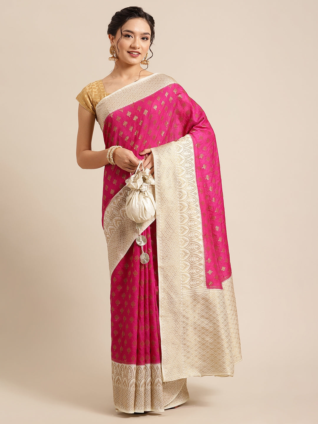 Faishana Presents Handwoven Magenta Dupion Silk Jaal Skirt Border With Beige Blouse Banarasi Saree