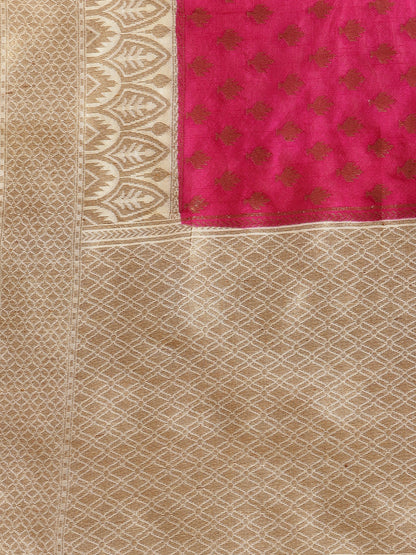 Faishana Presents Handwoven Magenta Dupion Silk Jaal Skirt Border With Beige Blouse Banarasi Saree