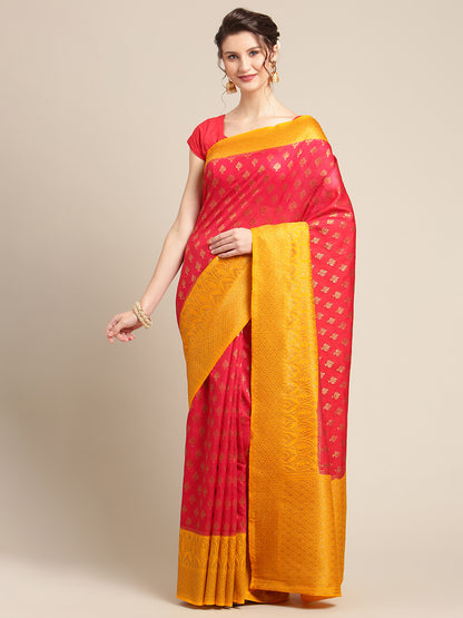 Faishana Presents Handwoven Red Dupion Silk Jaal Booty Skirt Border With Gold Blouse Banarasi Saree