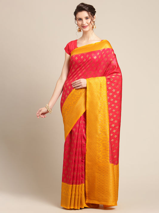 Faishana Presents Handwoven Red Dupion Silk Jaal Booty Skirt Border With Gold Blouse Banarasi Saree