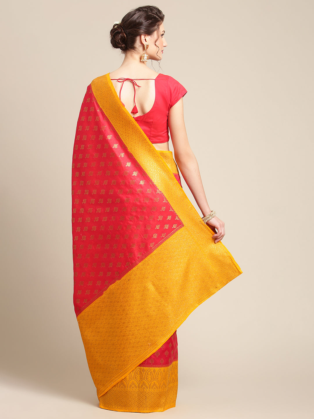 Faishana Presents Handwoven Red Dupion Silk Jaal Booty Skirt Border With Gold Blouse Banarasi Saree