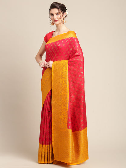 Faishana Presents Handwoven Red Dupion Silk Jaal Booty Skirt Border With Gold Blouse Banarasi Saree