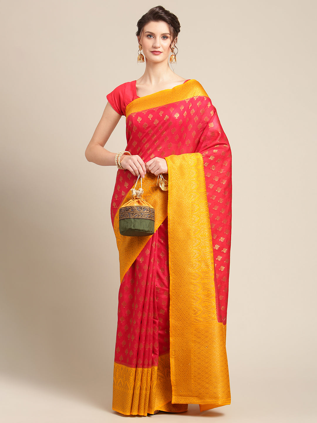 Faishana Presents Handwoven Red Dupion Silk Jaal Booty Skirt Border With Gold Blouse Banarasi Saree