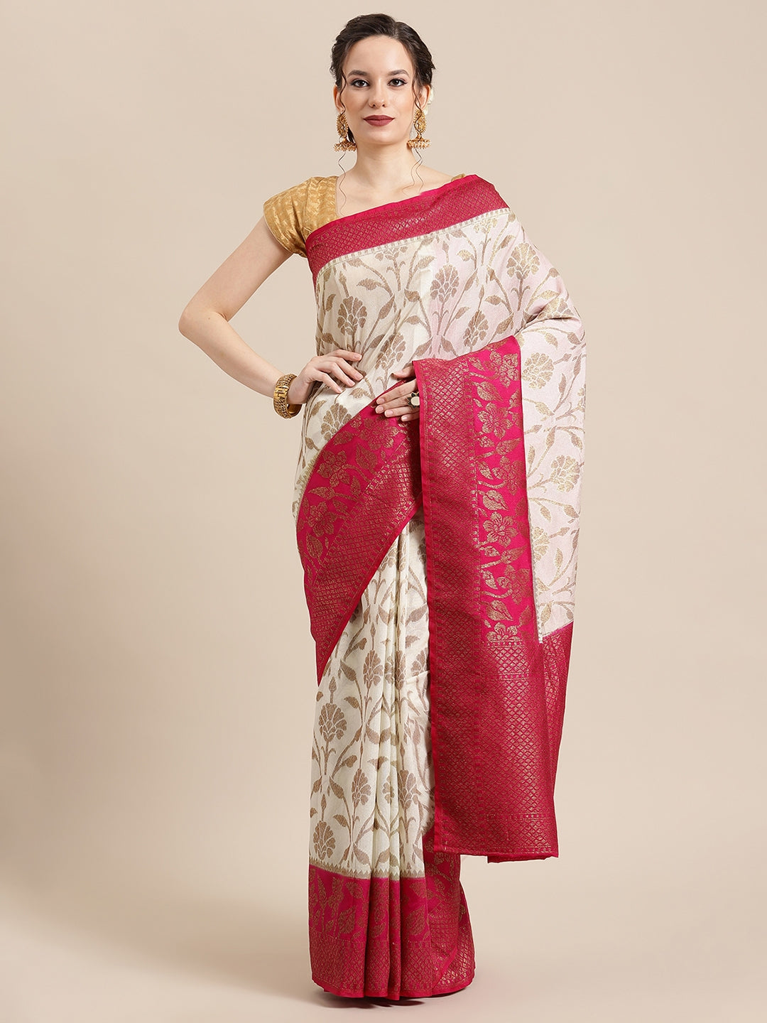 Faishana Presents Handwoven Beige Dupion Silk Jaal Skirt Border With Magenta Blouse Banarasi Saree