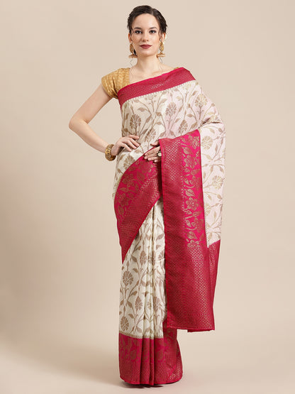Faishana Presents Handwoven Beige Dupion Silk Jaal Skirt Border With Magenta Blouse Banarasi Saree