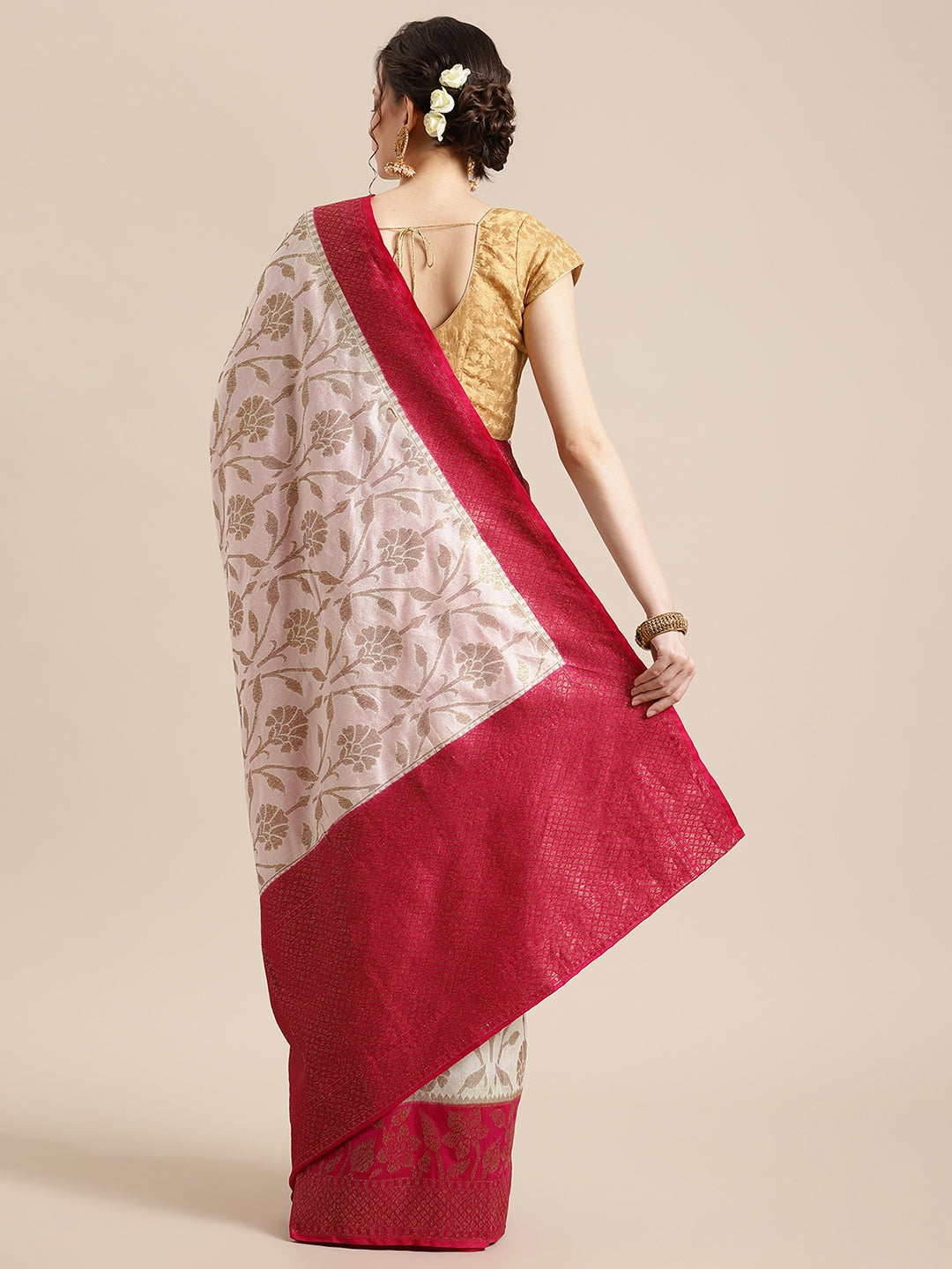 Faishana Presents Handwoven Beige Dupion Silk Jaal Skirt Border With Magenta Blouse Banarasi Saree