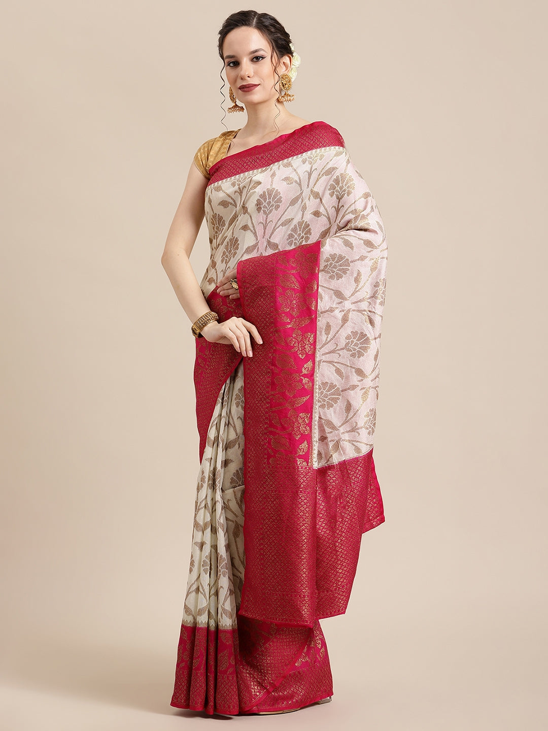 Faishana Presents Handwoven Beige Dupion Silk Jaal Skirt Border With Magenta Blouse Banarasi Saree