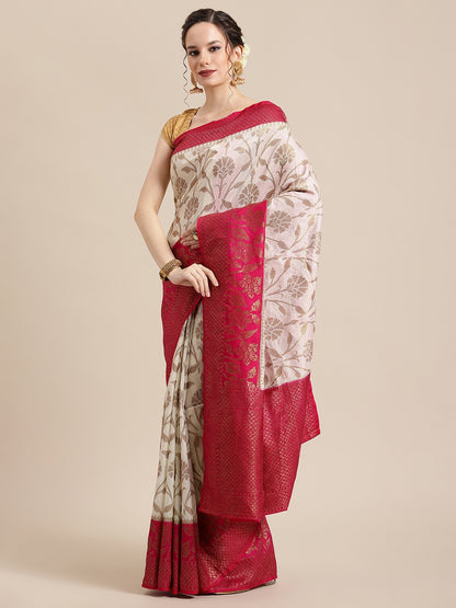 Faishana Presents Handwoven Beige Dupion Silk Jaal Skirt Border With Magenta Blouse Banarasi Saree