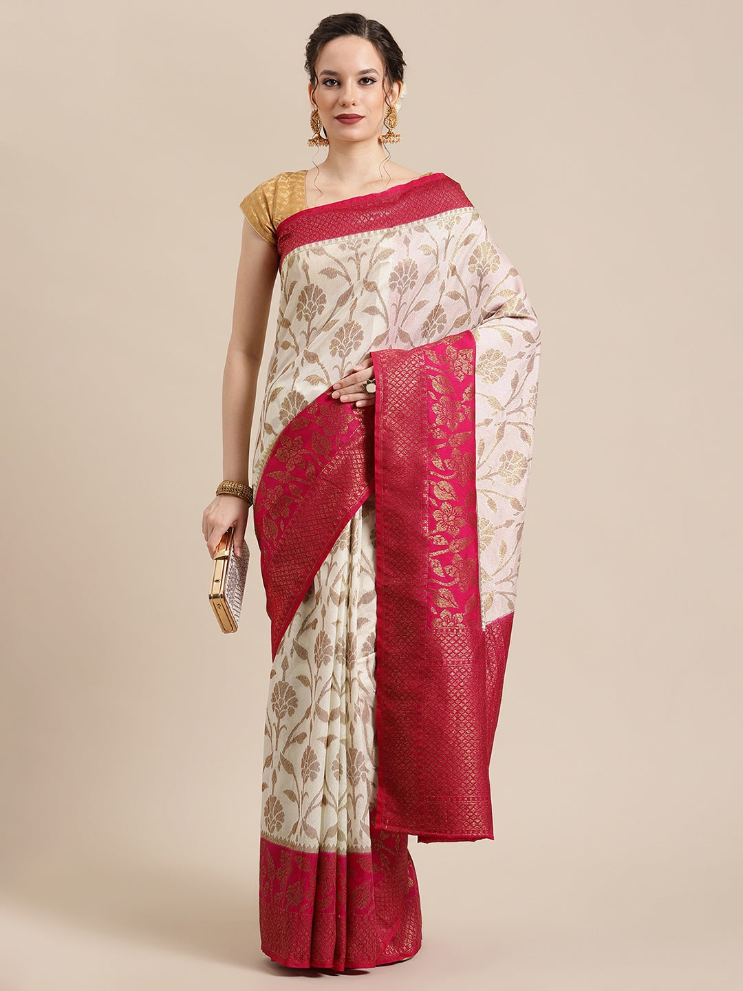 Faishana Presents Handwoven Beige Dupion Silk Jaal Skirt Border With Magenta Blouse Banarasi Saree