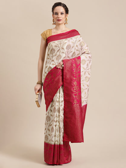 Faishana Presents Handwoven Beige Dupion Silk Jaal Skirt Border With Magenta Blouse Banarasi Saree