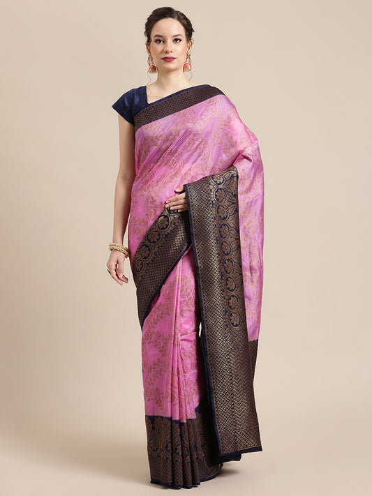Faishana Presents Handwoven Pink Dupion Silk Jaal Skirt Border With Blue Blouse Banarasi Saree