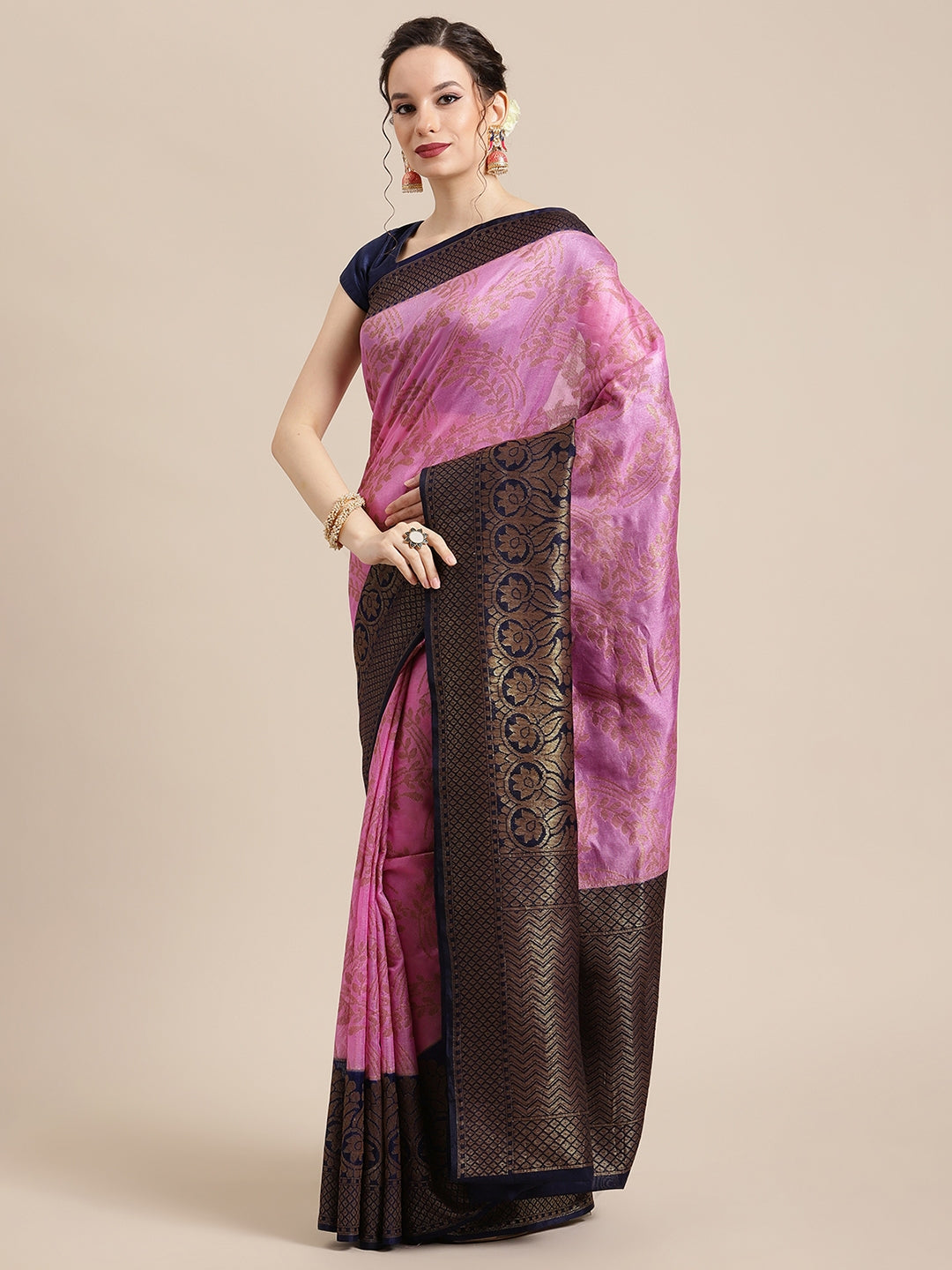 Faishana Presents Handwoven Pink Dupion Silk Jaal Skirt Border With Blue Blouse Banarasi Saree