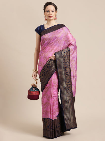 Faishana Presents Handwoven Pink Dupion Silk Jaal Skirt Border With Blue Blouse Banarasi Saree