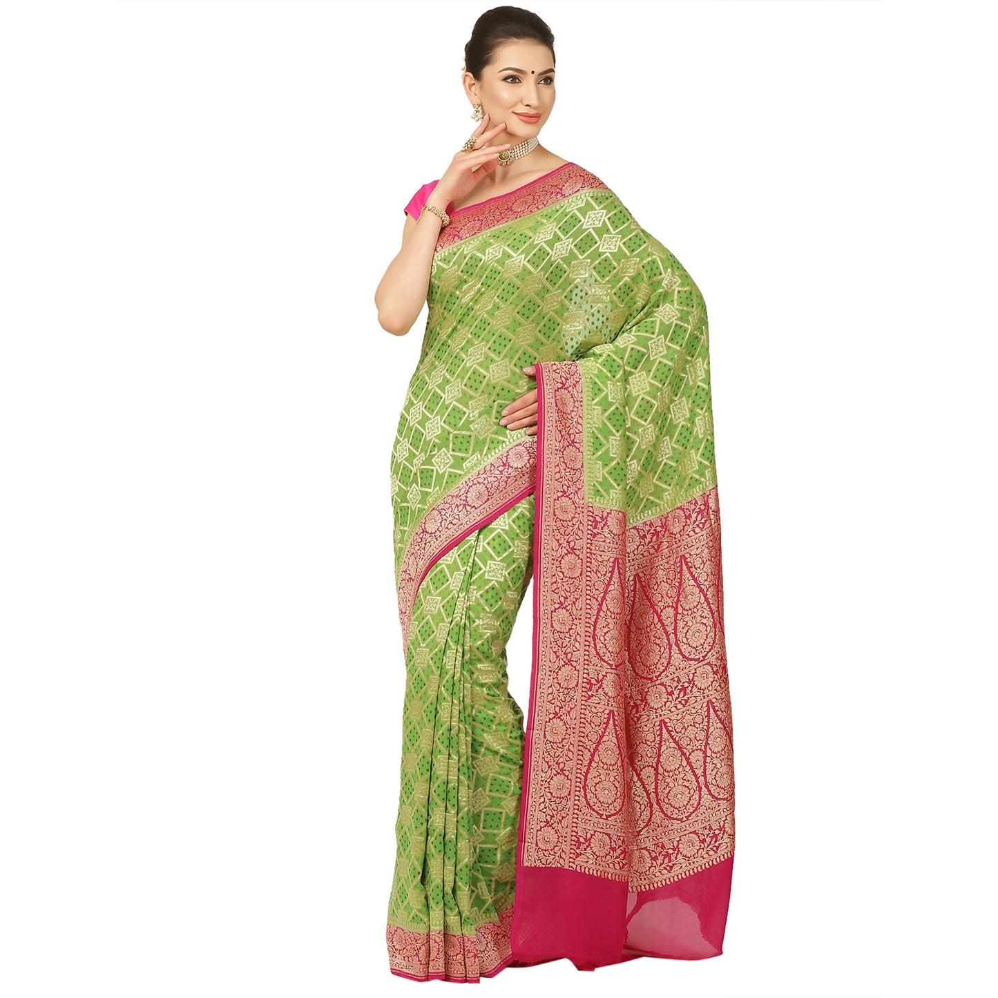 Faishana Presents Parrot Green Pure Banarasi Khaddi Chiffon Georgette Meena Gharchola Weaving Kadiyal Pink Border with Pink Blouse.
