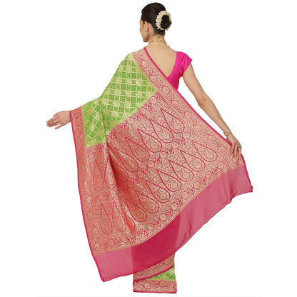 Faishana Presents Parrot Green Pure Banarasi Khaddi Chiffon Georgette Meena Gharchola Weaving Kadiyal Pink Border with Pink Blouse.