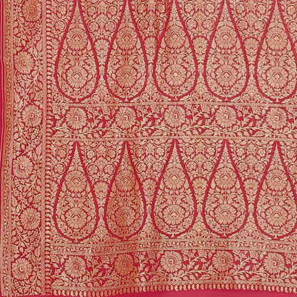 Faishana Presents Parrot Green Pure Banarasi Khaddi Chiffon Georgette Meena Gharchola Weaving Kadiyal Pink Border with Pink Blouse.