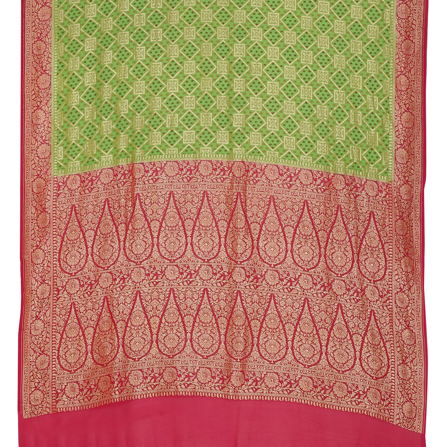 Faishana Presents Parrot Green Pure Banarasi Khaddi Chiffon Georgette Meena Gharchola Weaving Kadiyal Pink Border with Pink Blouse.