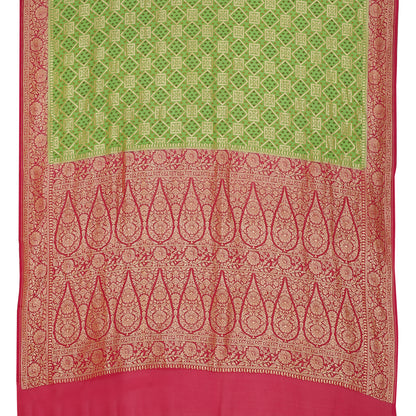 Faishana Presents Parrot Green Pure Banarasi Khaddi Chiffon Georgette Meena Gharchola Weaving Kadiyal Pink Border with Pink Blouse.