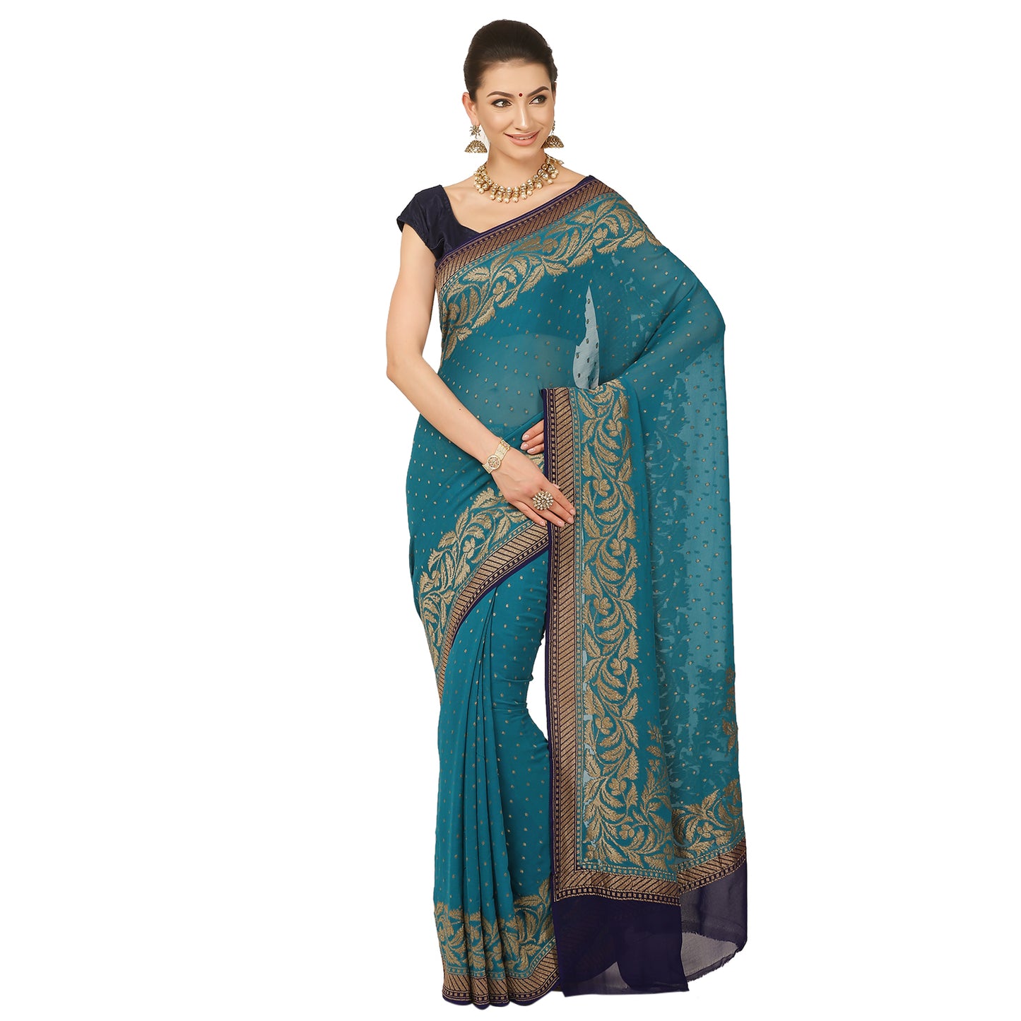 Faishana Presents Emerald Green Pure Banarasi Khaddi Chiffon Georgette Zari Chunri Booti Weaving Kadiyal Skirt Border