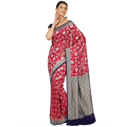 Faishana Presents Pink Pure Banarasi Khaddi Chiffon Georgette Zari Jaal Weaving Kadiyal Blue Border.