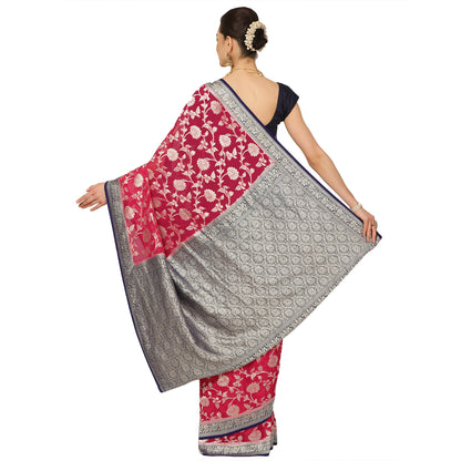 Faishana Presents Pink Pure Banarasi Khaddi Chiffon Georgette Zari Jaal Weaving Kadiyal Blue Border.