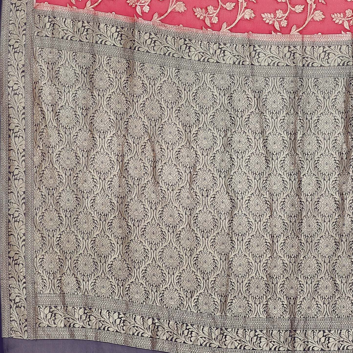Faishana Presents Pink Pure Banarasi Khaddi Chiffon Georgette Zari Jaal Weaving Kadiyal Blue Border.