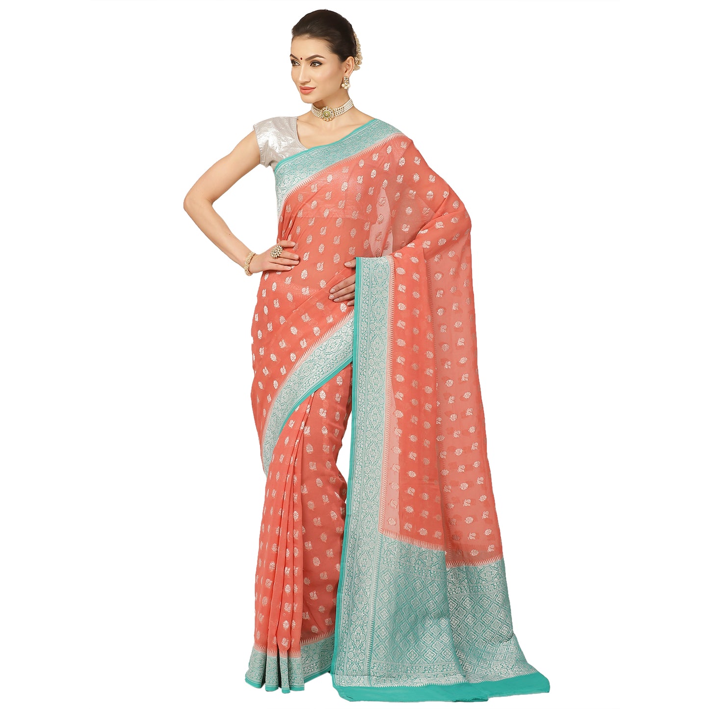 Faishana Presents Peach Pure Banarasi Khaddi Chiffon Georgette Silver Zari Booti Weaving Kadiyal Seagreen Border. with Seagreen Blousw.