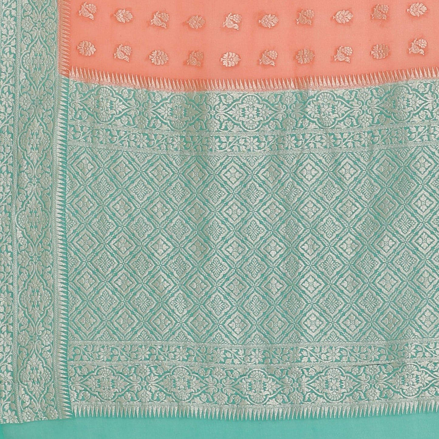 Faishana Presents Peach Pure Banarasi Khaddi Chiffon Georgette Silver Zari Booti Weaving Kadiyal Seagreen Border. with Seagreen Blousw.