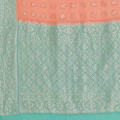 Faishana Presents Peach Pure Banarasi Khaddi Chiffon Georgette Silver Zari Booti Weaving Kadiyal Seagreen Border. with Seagreen Blousw.