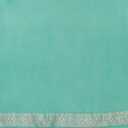 Faishana Presents Peach Pure Banarasi Khaddi Chiffon Georgette Silver Zari Booti Weaving Kadiyal Seagreen Border. with Seagreen Blousw.