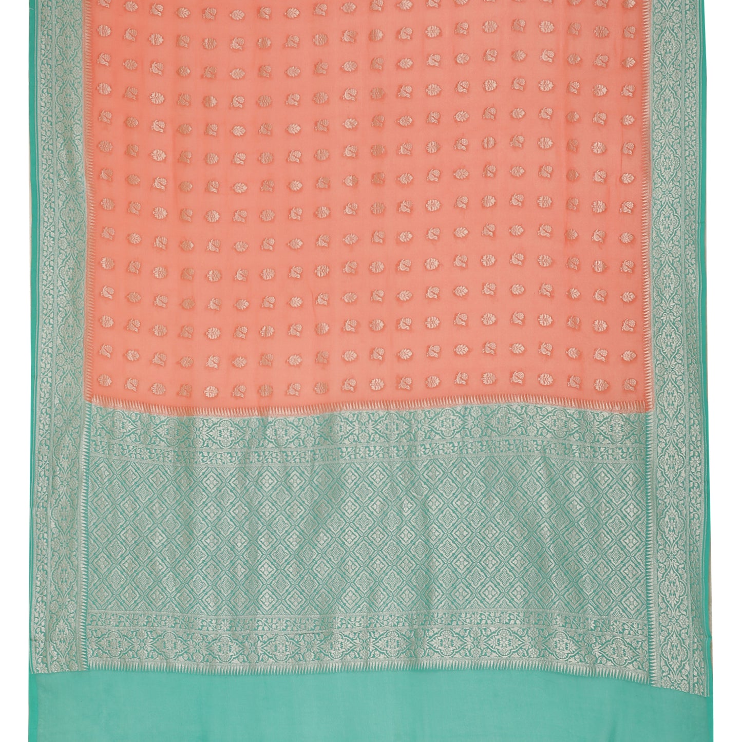 Faishana Presents Peach Pure Banarasi Khaddi Chiffon Georgette Silver Zari Booti Weaving Kadiyal Seagreen Border. with Seagreen Blousw.