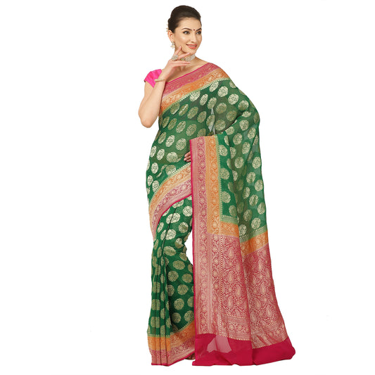 Faishana Presents Green Pure Banarasi Khaddi Chiffon Georgette Zari Boota Weaving Kadiyal 3D Border.