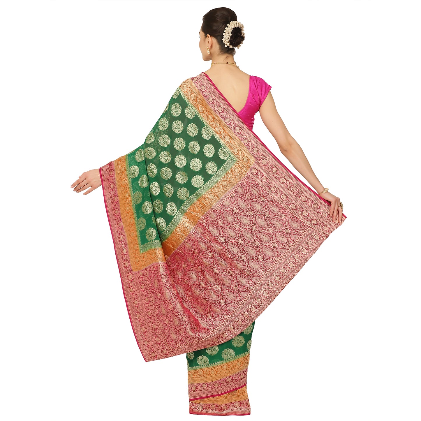 Faishana Presents Green Pure Banarasi Khaddi Chiffon Georgette Zari Boota Weaving Kadiyal 3D Border.