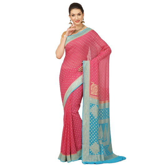 Faishana Presents Pink Pure Banarasi Khaddi Chiffon Georgette Koniya Zari Chunri Booti Weaving Kadiyal Torqouise Border.