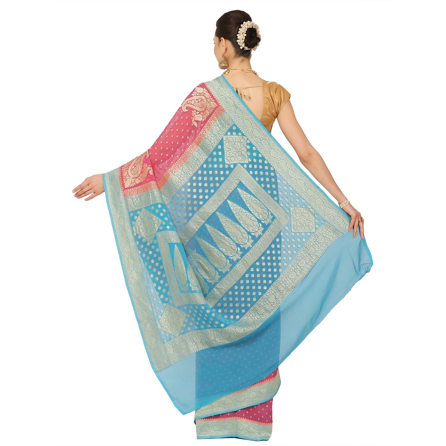 Faishana Presents Pink Pure Banarasi Khaddi Chiffon Georgette Koniya Zari Chunri Booti Weaving Kadiyal Torqouise Border.