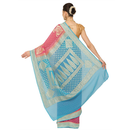 Faishana Presents Pink Pure Banarasi Khaddi Chiffon Georgette Koniya Zari Chunri Booti Weaving Kadiyal Torqouise Border.