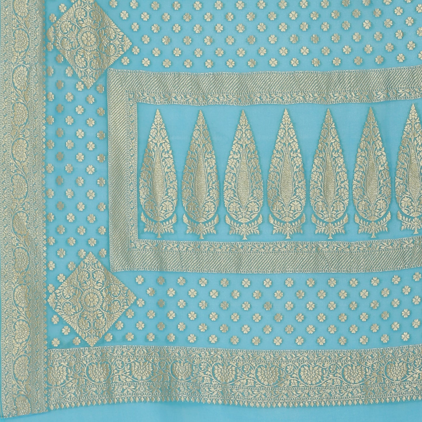 Faishana Presents Pink Pure Banarasi Khaddi Chiffon Georgette Koniya Zari Chunri Booti Weaving Kadiyal Torqouise Border.