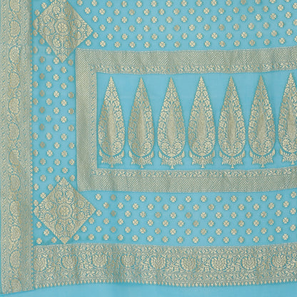 Faishana Presents Pink Pure Banarasi Khaddi Chiffon Georgette Koniya Zari Chunri Booti Weaving Kadiyal Torqouise Border.
